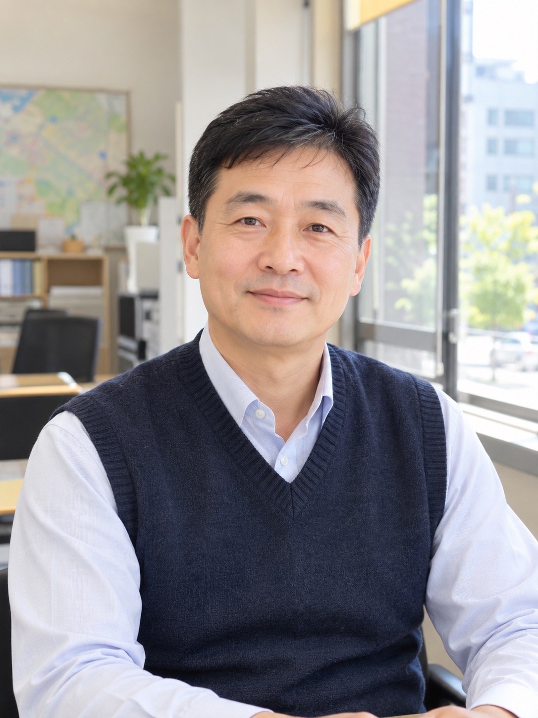 사무소 안에서 찍은 대표 공인중개사의 상반신 사진